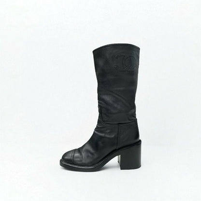 Chanel Boots Long Boots Shoes Calfskin Black Here Mark Middle Boots
