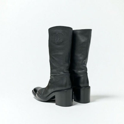 Chanel Boots Long Boots Shoes Calfskin Black Here Mark Middle Boots