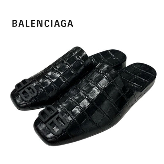 Balenciaga COSY BB Flat Shoes Leather Black Croco Shape Press BB Logo Mule