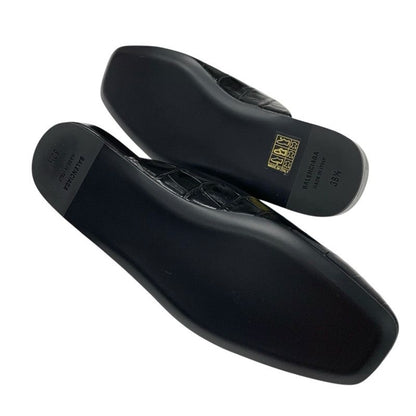 Balenciaga COSY BB Flat Shoes Leather Black Croco Shape Press BB Logo Mule