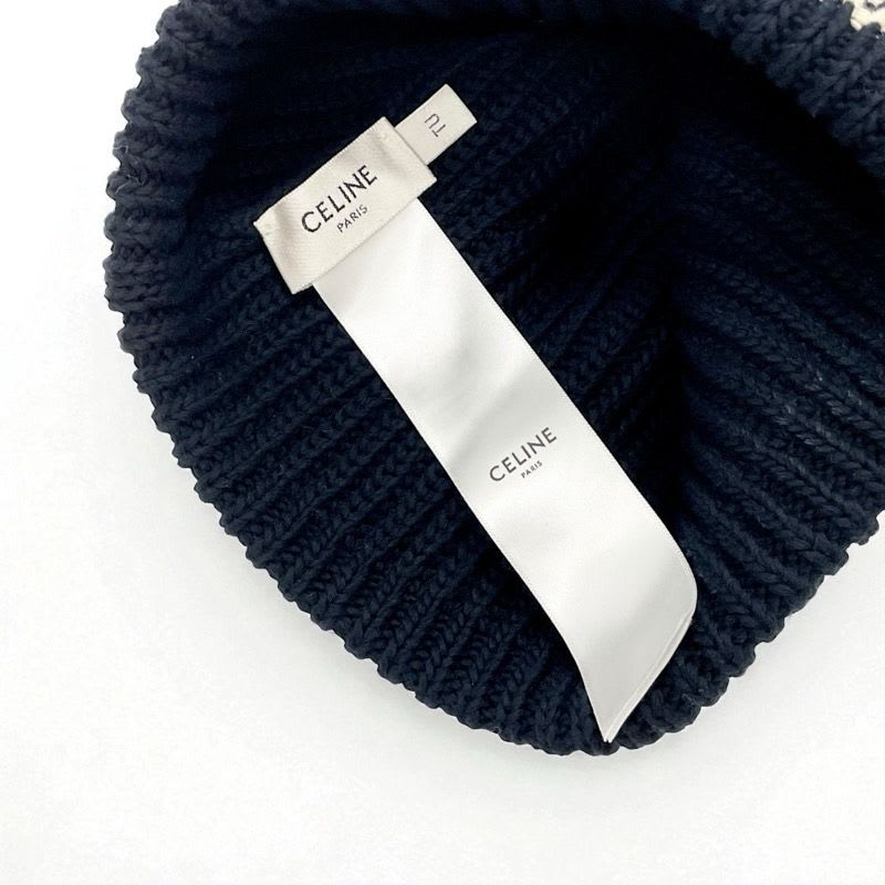 Celine Hat Cotton Navy Ivory C Logo Knit Cap