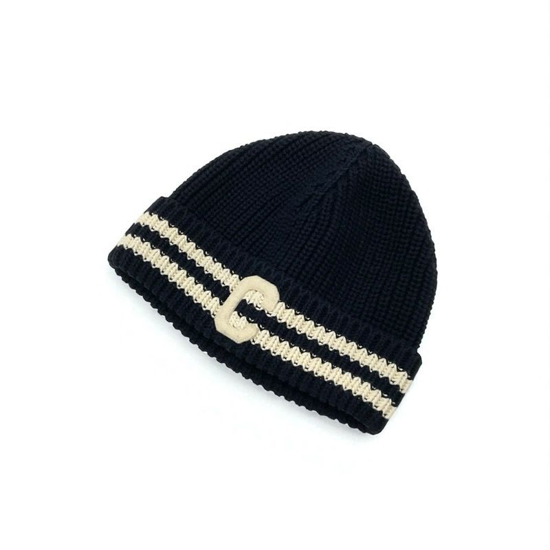 Celine Hat Cotton Navy Ivory C Logo Knit Cap