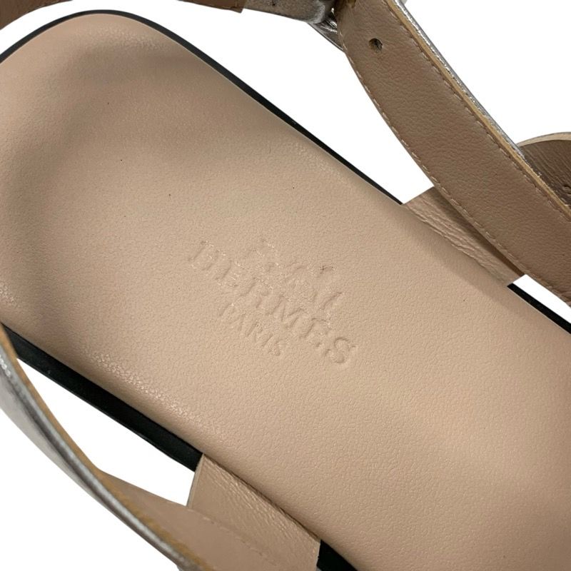 Hermes Grace Sandals Shoes Leather Suede Silver Beige Strap Flat
