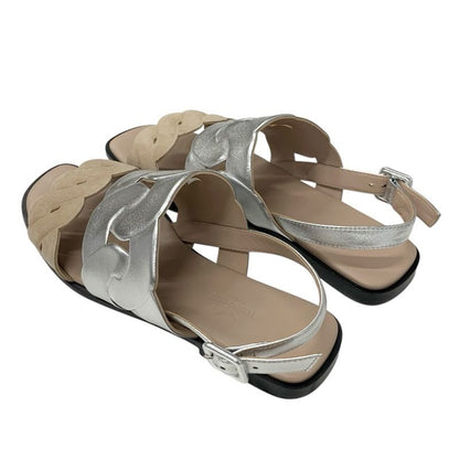 Hermes Grace Sandals Shoes Leather Suede Silver Beige Strap Flat