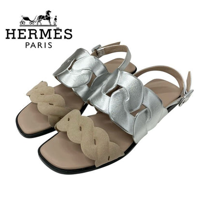 Hermes Grace Sandals Shoes Leather Suede Silver Beige Strap Flat