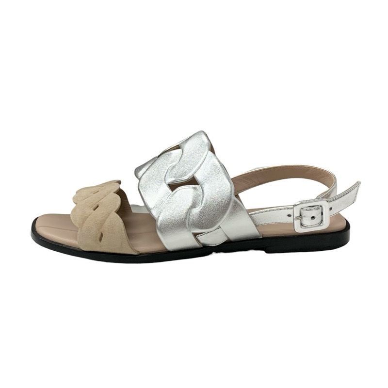 Hermes Grace Sandals Shoes Leather Suede Silver Beige Strap Flat