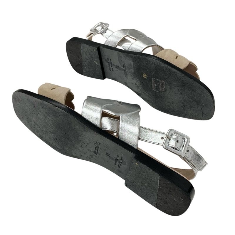 Hermes Grace Sandals Shoes Leather Suede Silver Beige Strap Flat