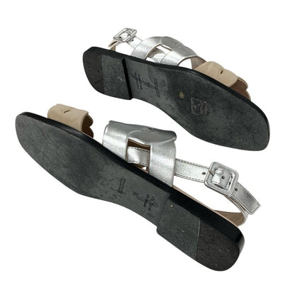 Hermes Grace Sandals Shoes Leather Suede Silver Beige Strap Flat