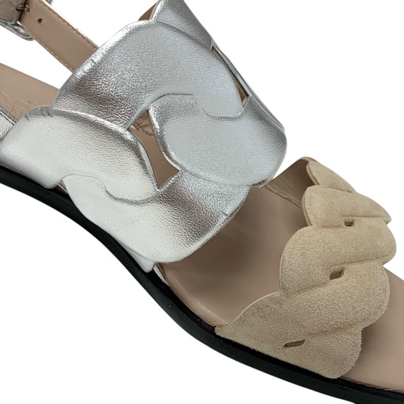 Hermes Grace Sandals Shoes Leather Suede Silver Beige Strap Flat