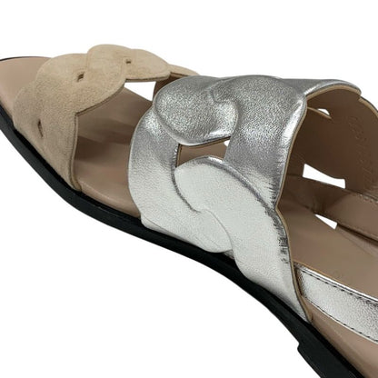 Hermes Grace Sandals Shoes Leather Suede Silver Beige Strap Flat