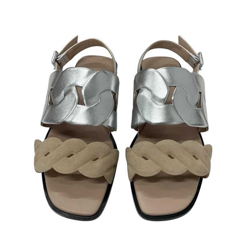 Hermes Grace Sandals Shoes Leather Suede Silver Beige Strap Flat