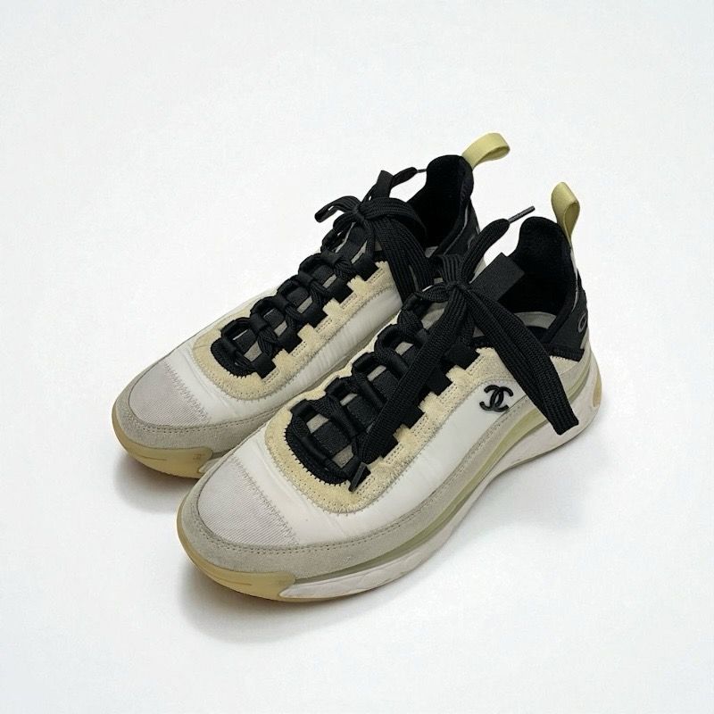 Chanel Sneakers Shoes Nylon Suede White Black Beige Matelasse Here Mark Logo