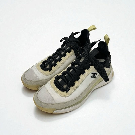Chanel Sneakers Shoes Nylon Suede White Black Beige Matelasse Here Mark Logo
