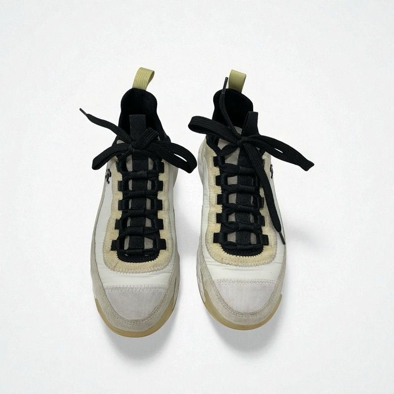 Chanel Sneakers Shoes Nylon Suede White Black Beige Matelasse Here Mark Logo