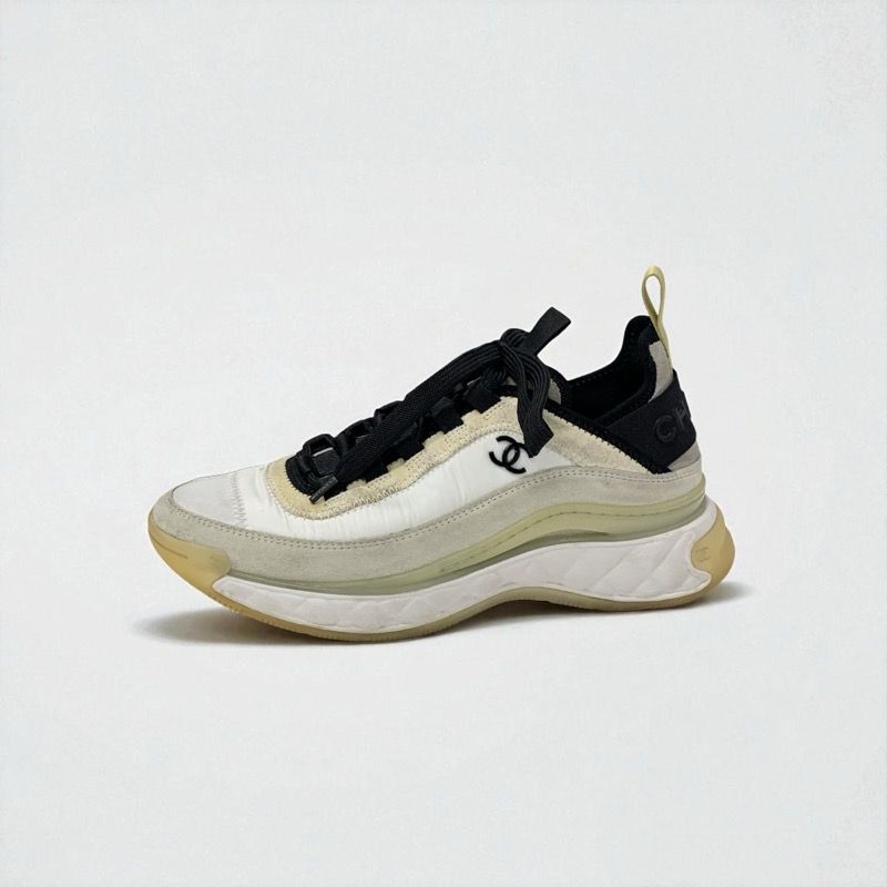 Chanel Sneakers Shoes Nylon Suede White Black Beige Matelasse Here Mark Logo