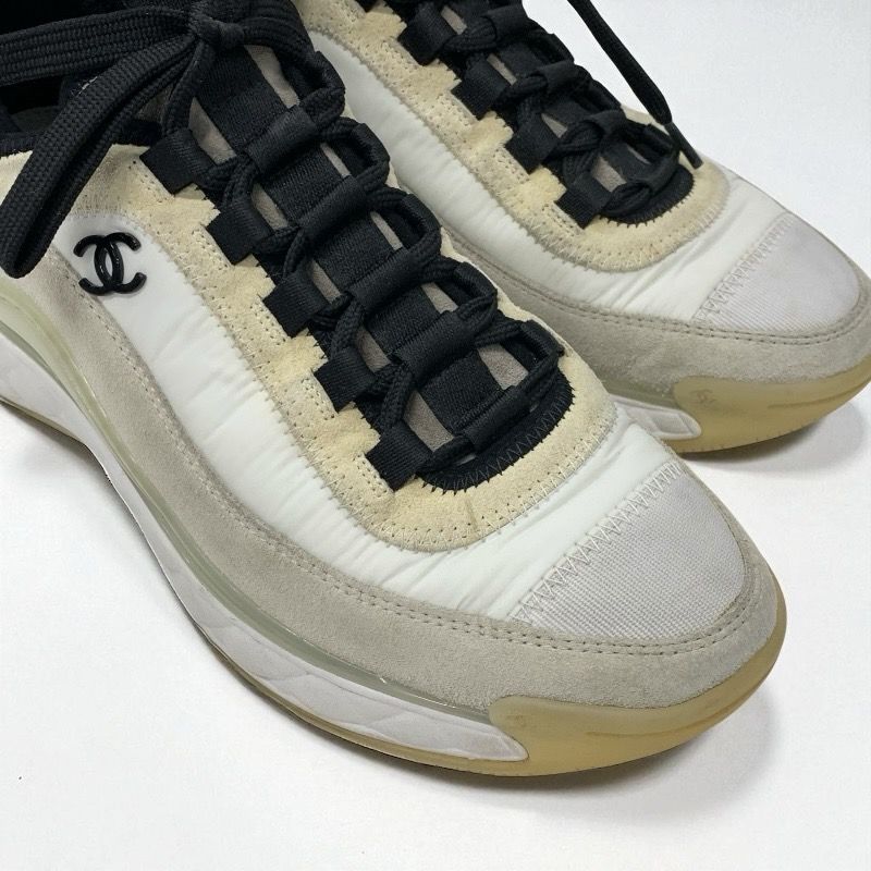 Chanel Sneakers Shoes Nylon Suede White Black Beige Matelasse Here Mark Logo