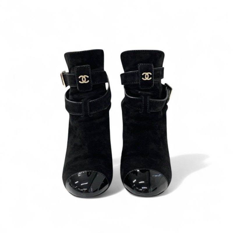 Chanel Boots Short Shoes Suede Patent Black Coco Mark Belt