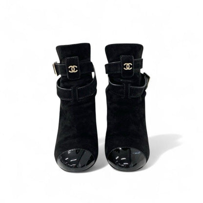Chanel Boots Short Shoes Suede Patent Black Coco Mark Belt