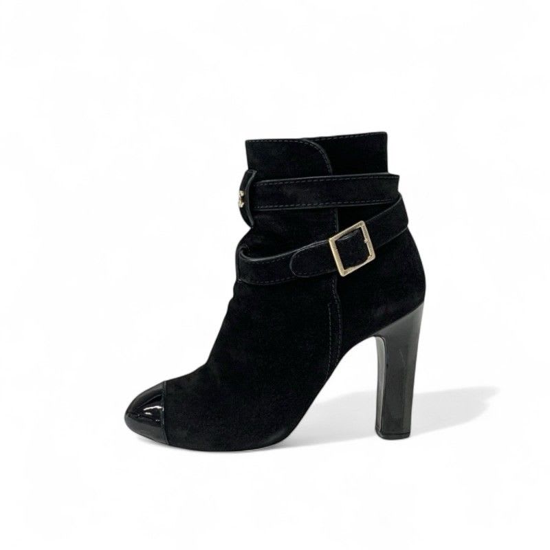 Chanel Boots Short Shoes Suede Patent Black Coco Mark Belt
