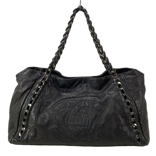 Chanel Luxury Line Tote Bag Black Chain Shoulder Silver Hardware