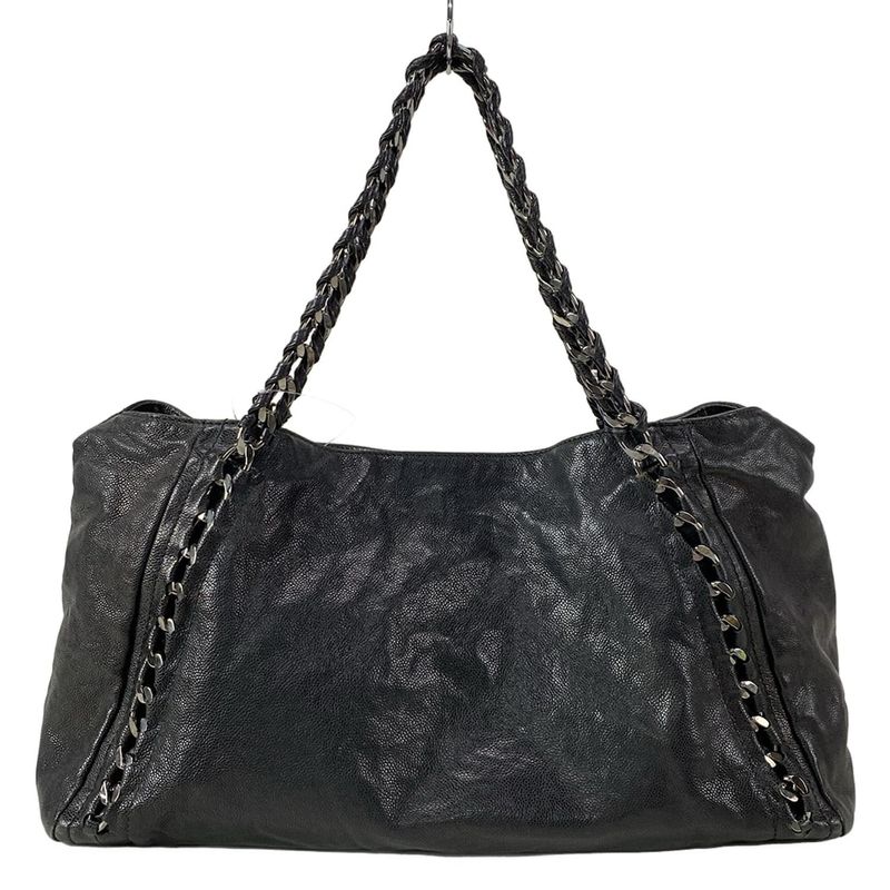 Chanel Luxury Line Tote Bag Black Chain Shoulder Silver Hardware