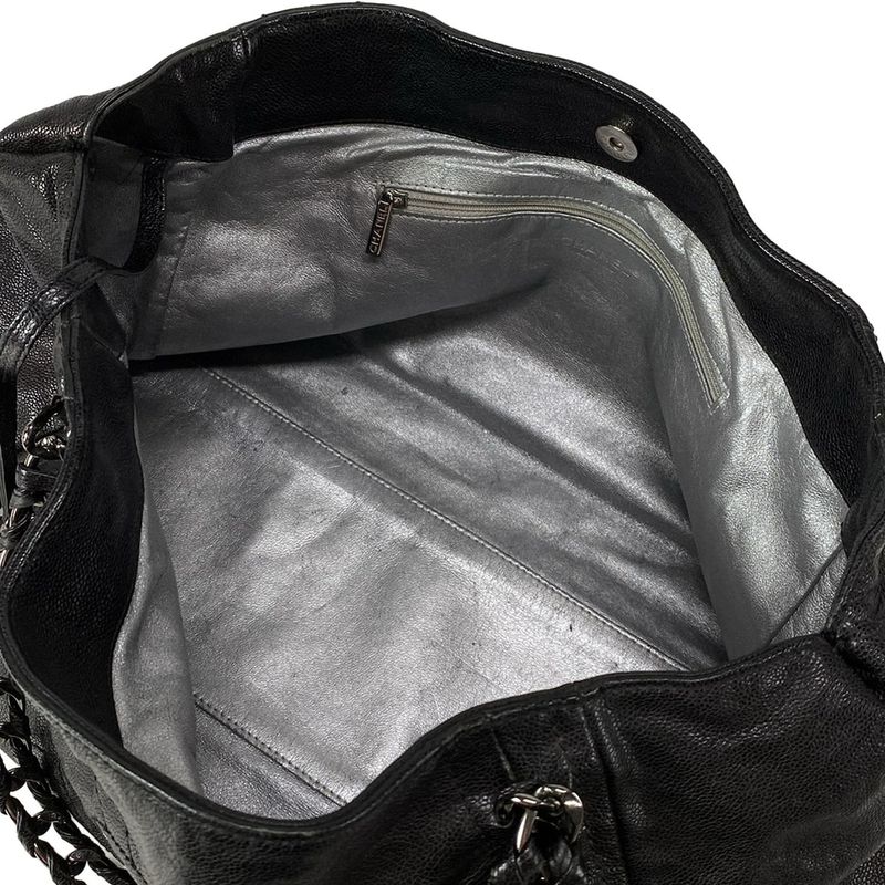Chanel Luxury Line Tote Bag Black Chain Shoulder Silver Hardware