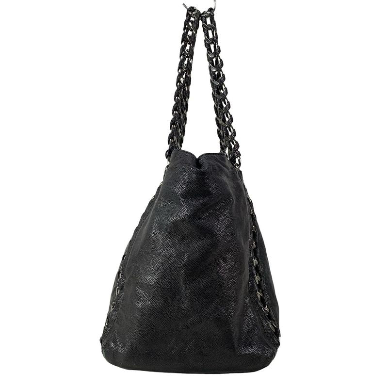 Chanel Luxury Line Tote Bag Black Chain Shoulder Silver Hardware