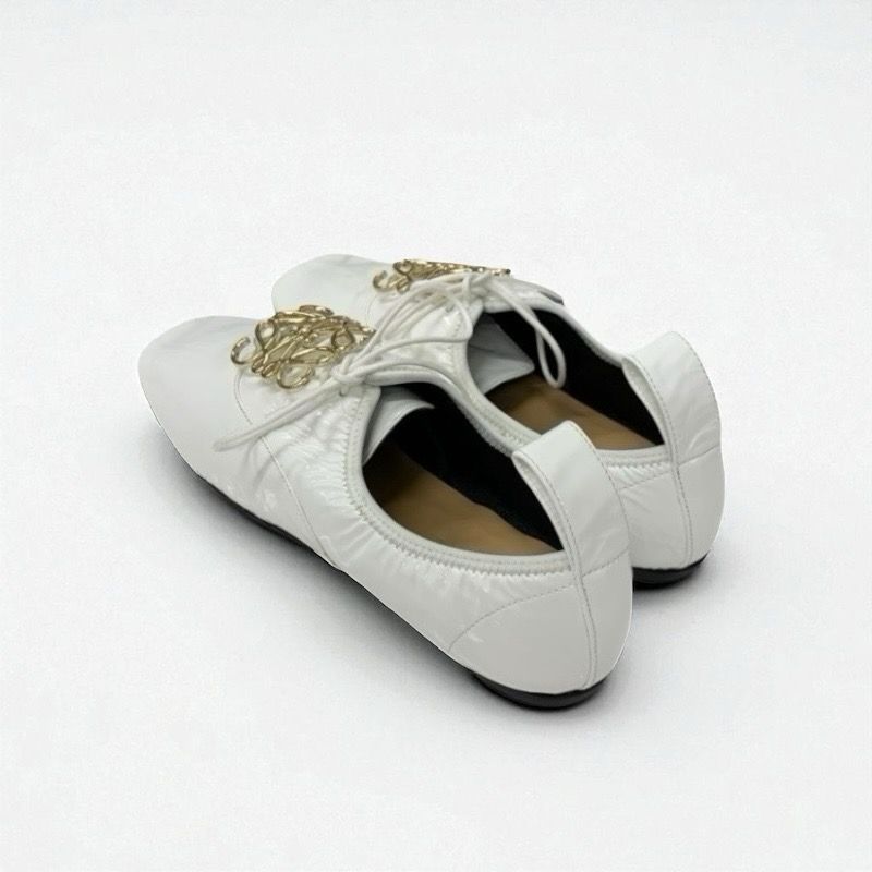Loewe Flat Shoes Patent White Gold Unused Anagram Soft Derby Lace-up Shoes