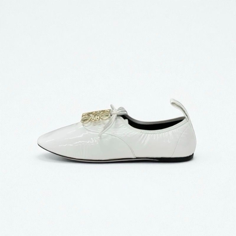 Loewe Flat Shoes Patent White Gold Unused Anagram Soft Derby Lace-up Shoes