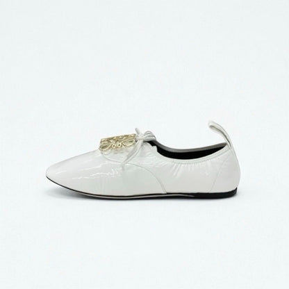 Loewe Flat Shoes Patent White Gold Unused Anagram Soft Derby Lace-up Shoes