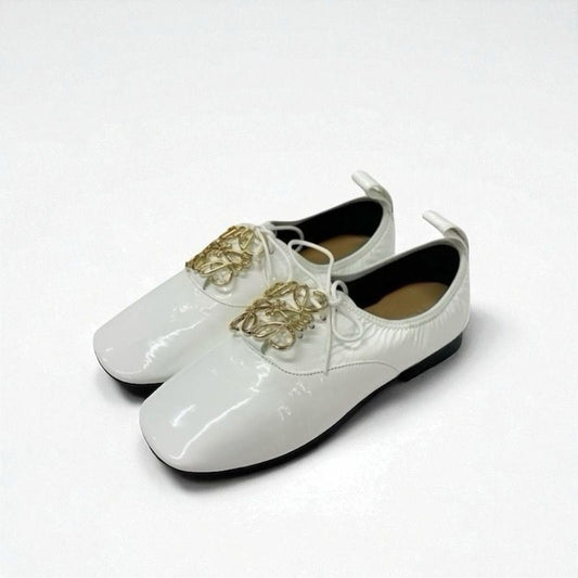 Loewe Flat Shoes Patent White Gold Unused Anagram Soft Derby Lace-up Shoes