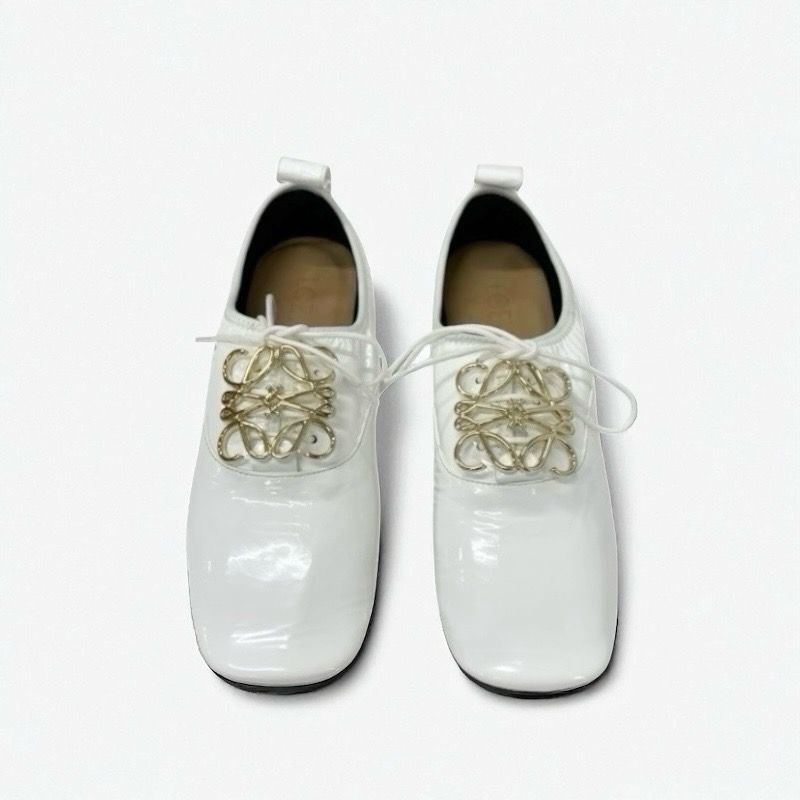 Loewe Flat Shoes Patent White Gold Unused Anagram Soft Derby Lace-up Shoes
