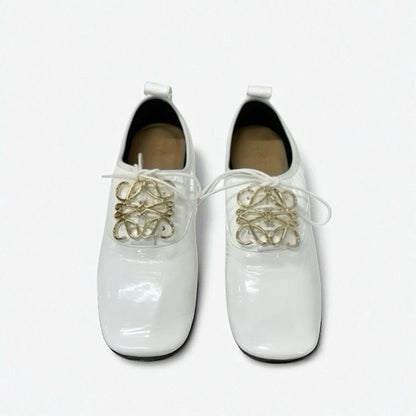Loewe Flat Shoes Patent White Gold Unused Anagram Soft Derby Lace-up Shoes