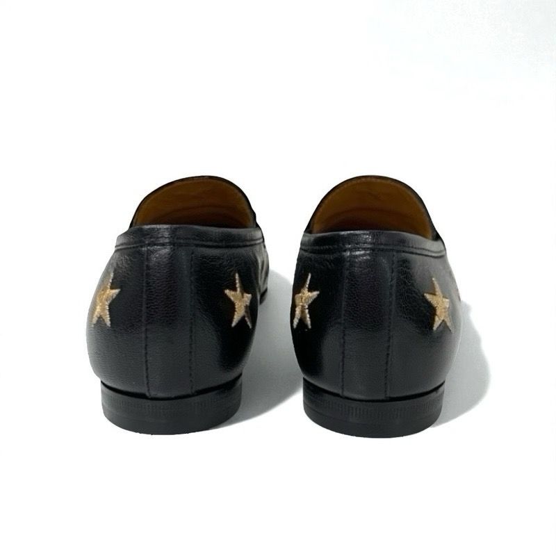 Gucci Loafer Leather Shoes Leather Black Gold Black Horsebit Star Bee Embroidery