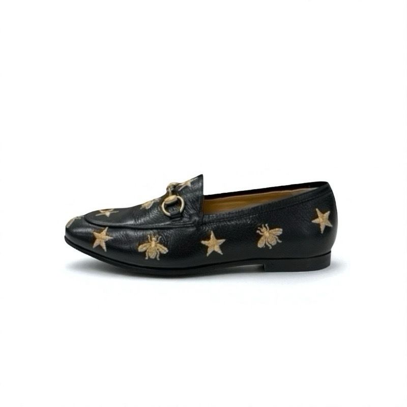 Gucci Loafer Leather Shoes Leather Black Gold Black Horsebit Star Bee Embroidery