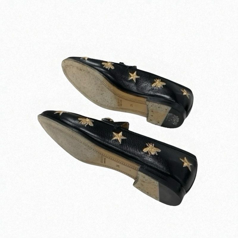 Gucci Loafer Leather Shoes Leather Black Gold Black Horsebit Star Bee Embroidery