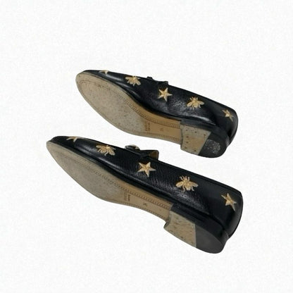 Gucci Loafer Leather Shoes Leather Black Gold Black Horsebit Star Bee Embroidery