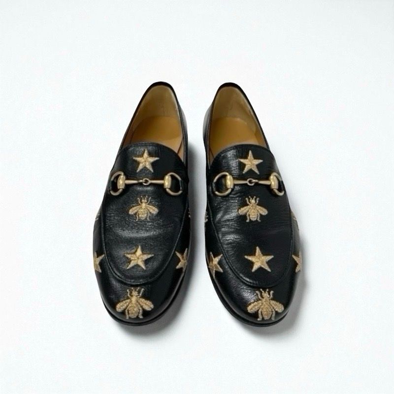 Gucci Loafer Leather Shoes Leather Black Gold Black Horsebit Star Bee Embroidery