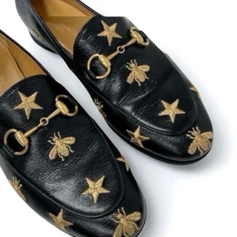 Gucci Loafer Leather Shoes Leather Black Gold Black Horsebit Star Bee Embroidery