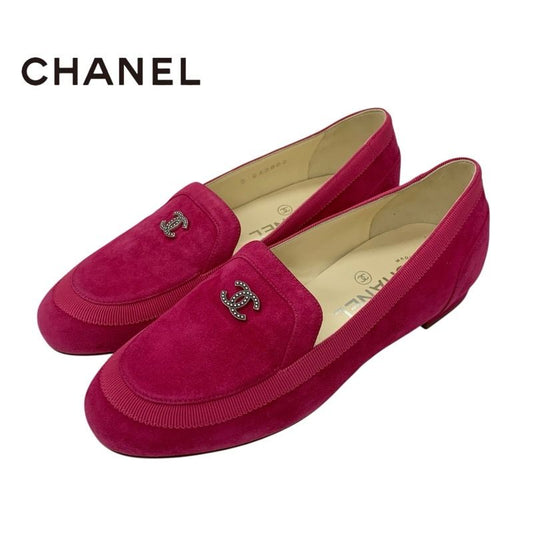 Chanel Loafers Leather Shoes Suede Pink Here Mark Flat Shoes