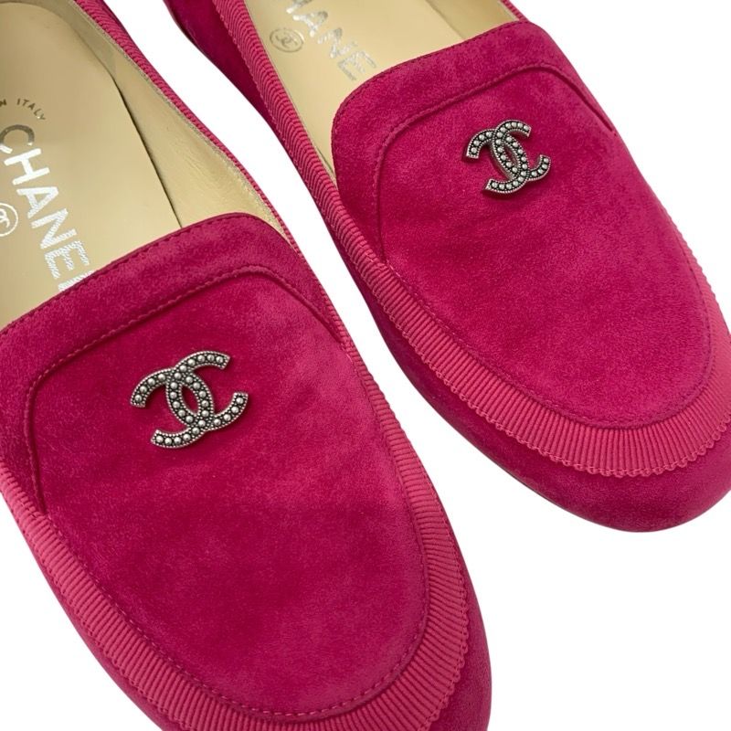 Chanel Loafers Leather Shoes Suede Pink Here Mark Flat Shoes