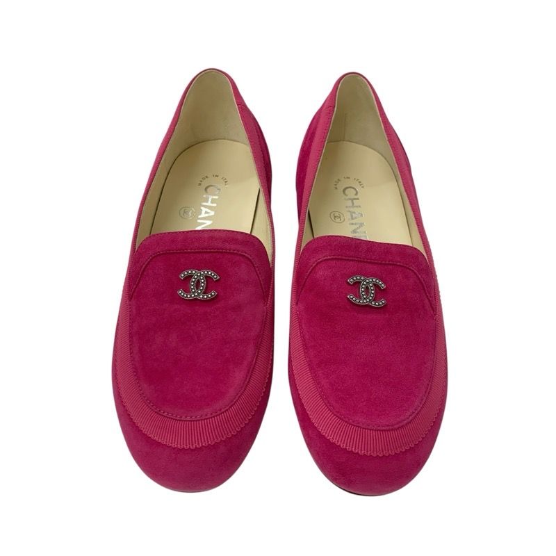 Chanel Loafers Leather Shoes Suede Pink Here Mark Flat Shoes