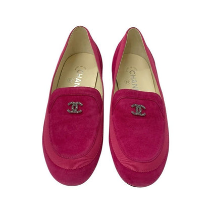 Chanel Loafers Leather Shoes Suede Pink Here Mark Flat Shoes