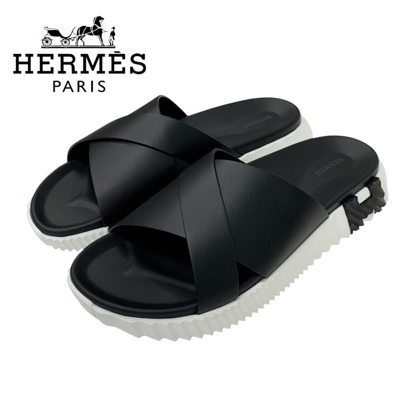 Hermes Infrastructure Sandals Shoes Leather Black White Black Unused
