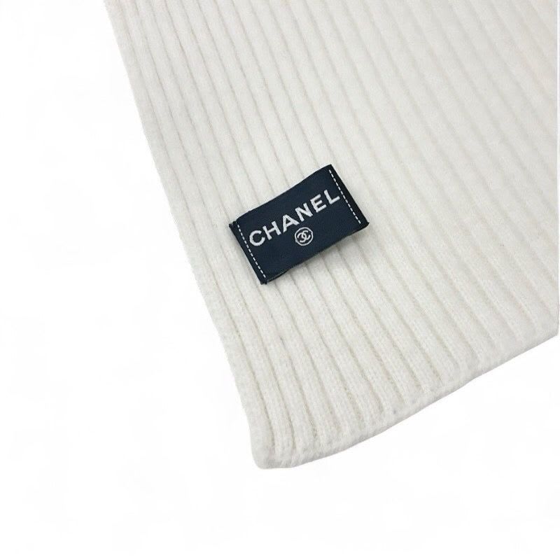 Chanel Muffler Cashmere White Logo Sequins Scarf
