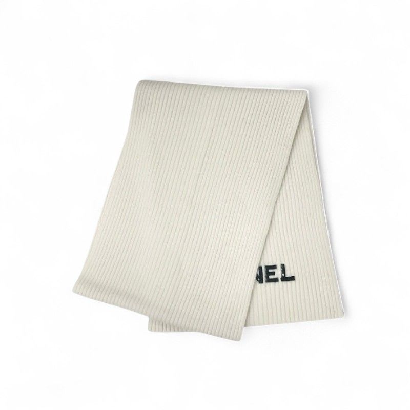 Chanel Muffler Cashmere White Logo Sequins Scarf