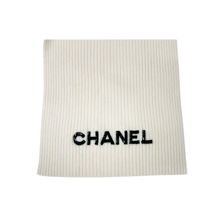 Chanel Muffler Cashmere White Logo Sequins Scarf
