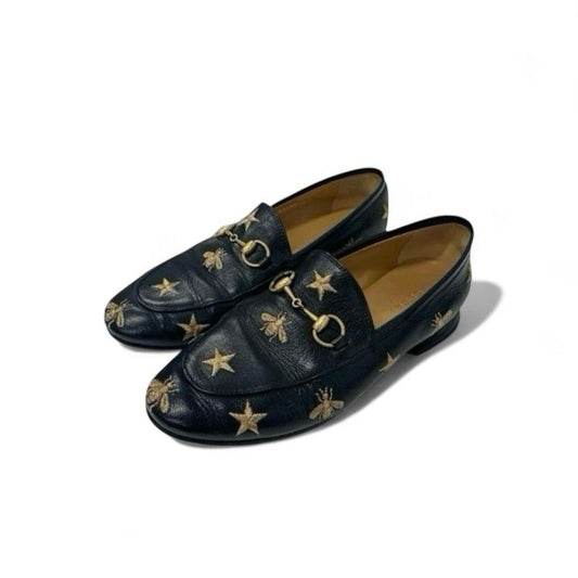 Gucci Loafer Leather Shoes Leather Black Gold Horsebit Star Bee Embroidery Flat