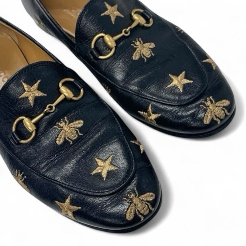 Gucci Loafer Leather Shoes Leather Black Gold Horsebit Star Bee Embroidery Flat