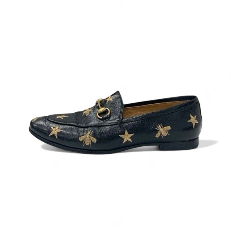 Gucci Loafer Leather Shoes Leather Black Gold Horsebit Star Bee Embroidery Flat